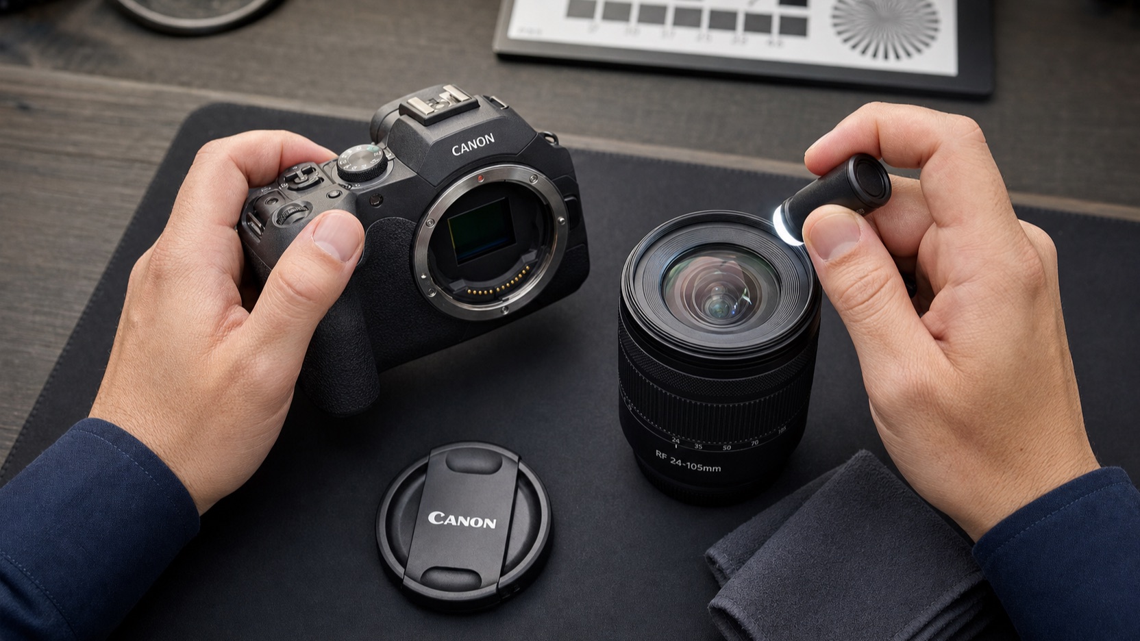 Close-up of technician hands inspecting a Canon camera body and lens