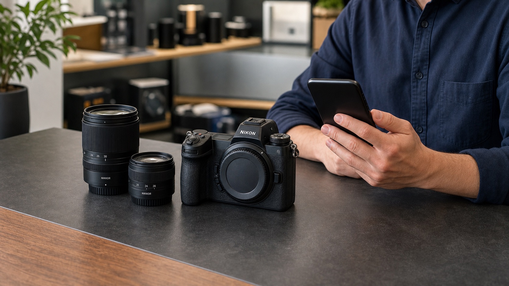 Customer building a used-camera quote on a phone beside Nikon camera gear