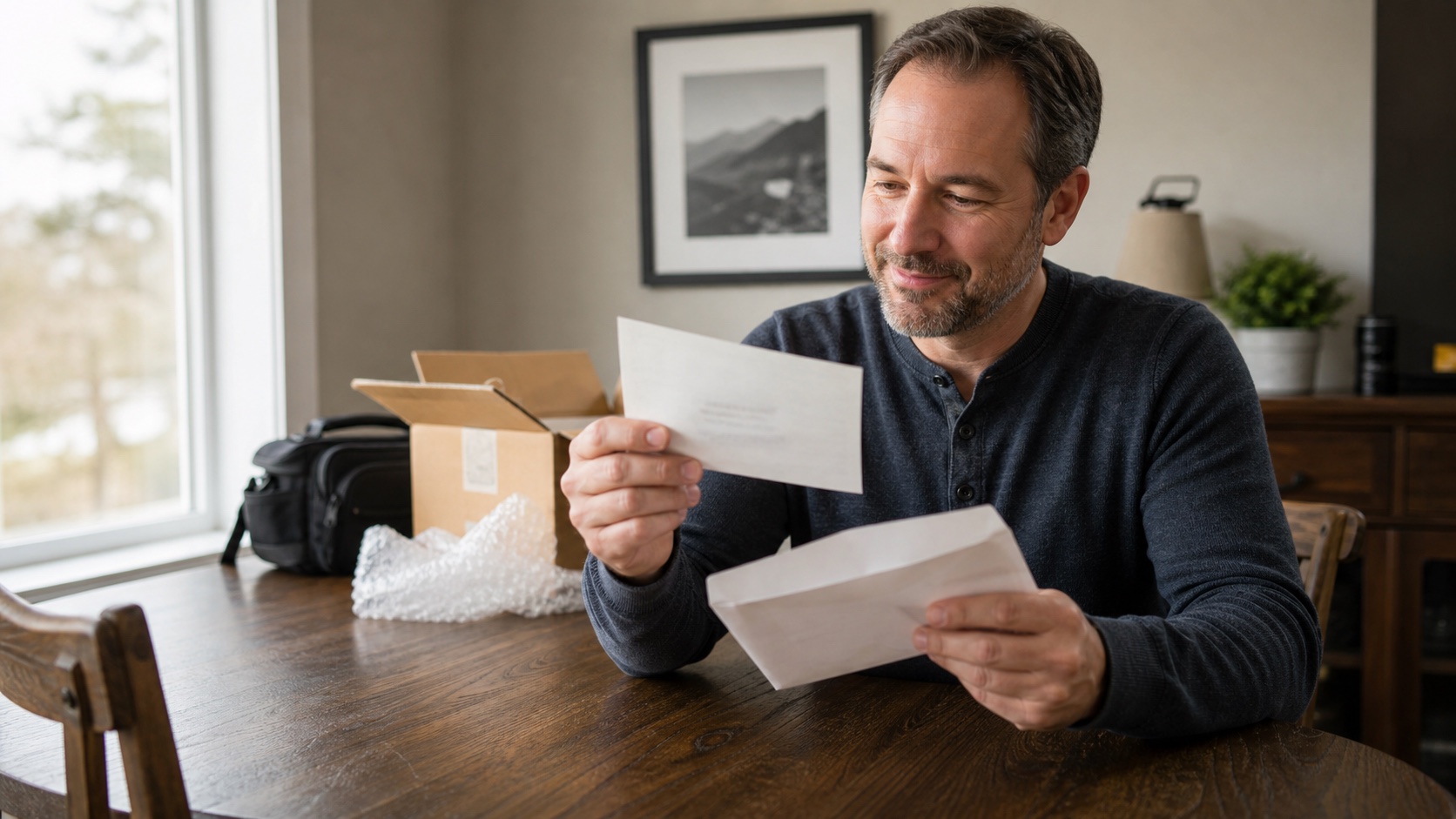 Customer opening a mailed payment after selling used camera gear