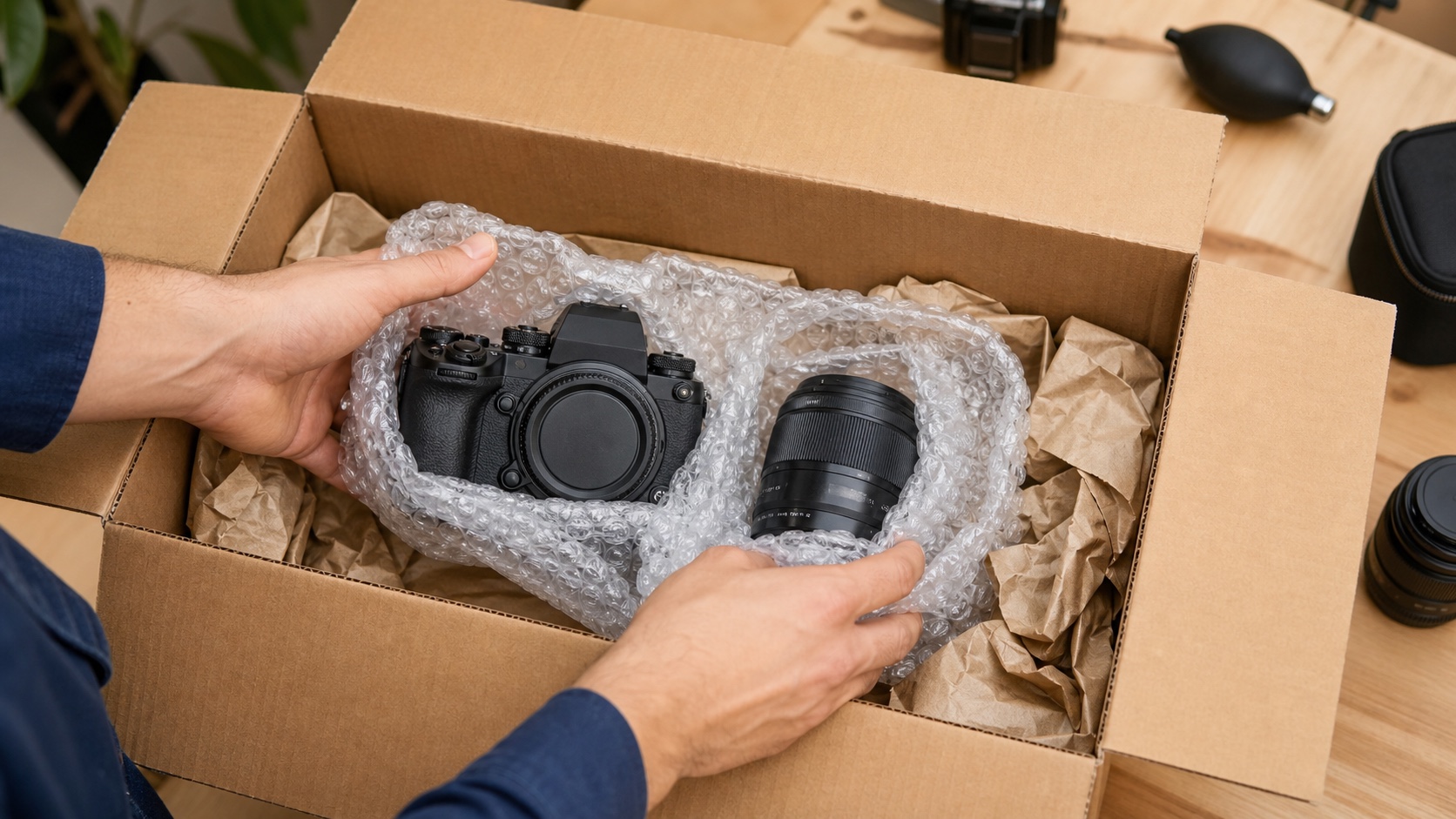 Camera body and lens wrapped in bubble wrap and placed into a shipping box